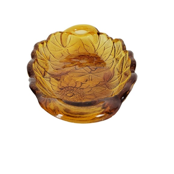 Vintage Amber Gold Opalescent Glass Oval Sunflower Bowl Relish Nut Candy Dish - Picture 3 of 10